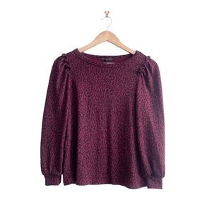 Banana Republic Womens Knit Top Puff Long Sleeve Animal Print Maroon Small